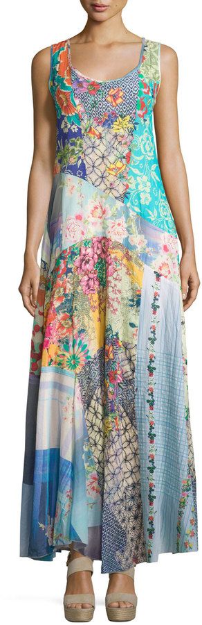 Johnny Was Sleeveless Patchwork Maxi Dress w\/ Slip, Multi: 