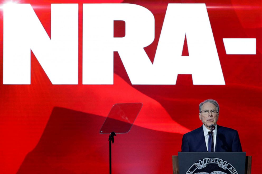 PHOTO: National Rifle Association executive vice president Wayne LaPierre speaks during the Leadership Forum at the NRA-ILA Meeting at the George R. Brown Convention Center, May 27, 2022, in Houston. 