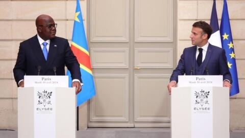 Le président de la République démocratique du Congo (RDC) Félix Tshisekedi et celui de la France Emmanuel Macron lors d'une conférence de presse commune, le 30 avril 2024 à Paris.