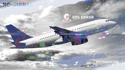 A plane in a blurred sky suggesting interference in the GPS navigation signal. 
