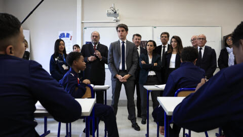 French PM Gabriel Attal launches an "educational boarding school" experiment for challenging pupils in Nice, south-eastern France, on April 22, 2024.