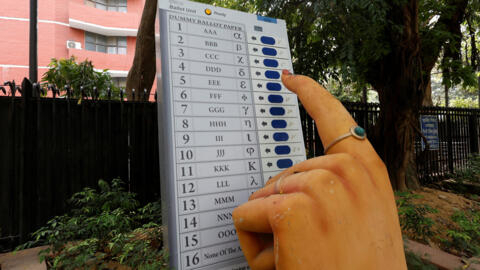 A model of Electronic Voting Machine (EVM) is displayed outside Indian Election Commission office in New Delhi, April 15, 2024.