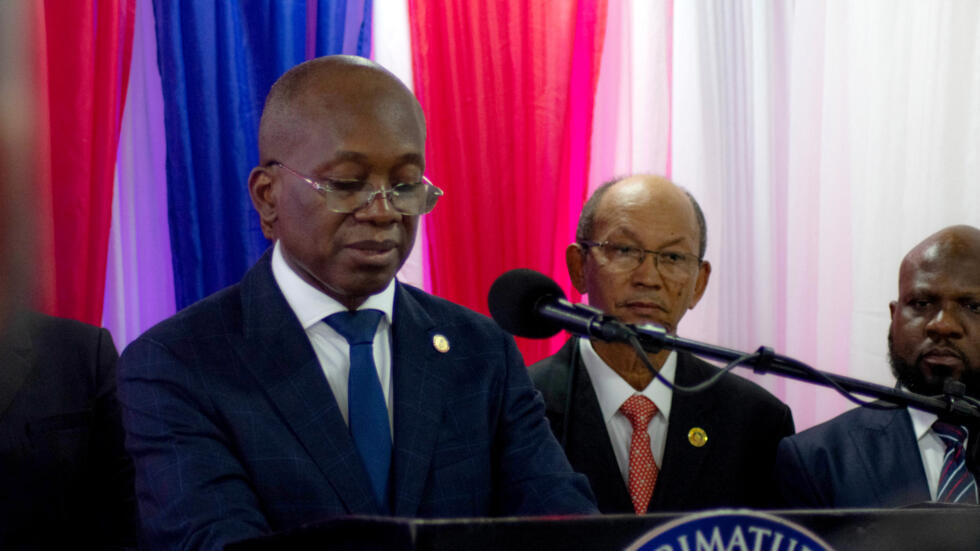 Haitian Interim Prime Minister Michel Patrick Boisvert speaks during the swearing in of a new transitional council in Port-au-Prince, Haiti on April 25, 2024. 