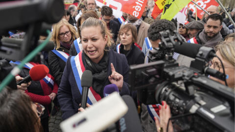 A file photo of lawmaker and far-left group leader Mathilde Panot speaking to the media during a protest against the retirement bill in Paris, Monday, March 20, 2023.