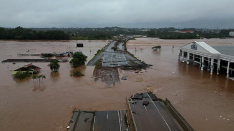 The flooded Taquari river bridge in the region of Vale do Taquari, Rio Grande do Sul state, Brazil on May 3, 2024. 