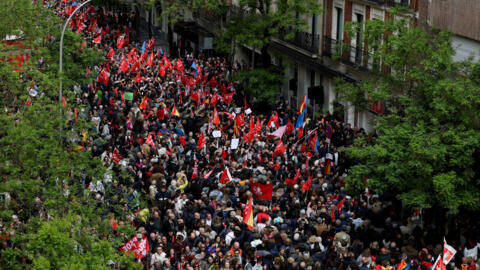 People gather outside Spain's Socialist Party (PSOE) headquarters to show support for the Secretary General of PSOE and Prime Minister Pedro Sanchez, in Madrid, Spain April 27, 2024.