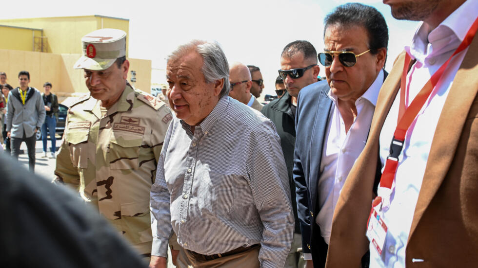 UN Secretary-General Antonio Guterres pictured at Egypt's al-Arish Airport near the Rafah border crossing with the Gaza Strip on March 23, 2024.