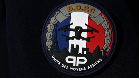 Patch of the French police drone unit, during a press presentation of security systems, to be used against potential hostile drones during the Paris 2024 Olympic Games on March 14, 2024.