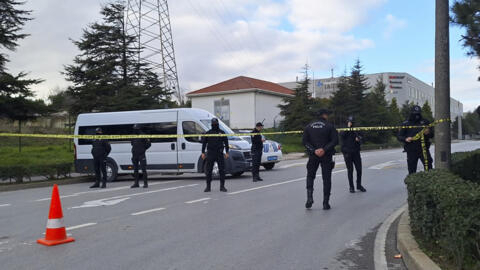 Police officers cordon off the area outside the Procter & Gamble factory near Gebze, northwest Turkey, on February 1, 2024, after a gunman took several hostages there to protest the war in Gaza.