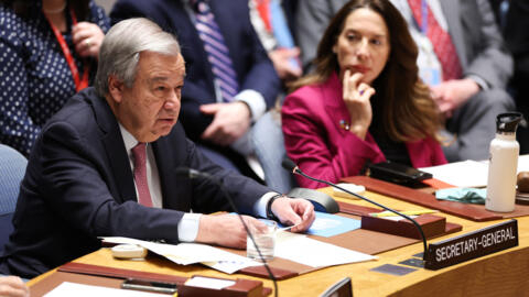 Secretary-General of the United Nations Antonio Guterres (L) delivers opening remarks at UN headquarters in New York City on April 14, 2024.