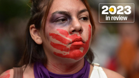 A demonstrator at a rally marking International Day for the Elimination of Violence against Women.