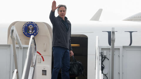 US Secretary of State Antony Blinken gestures as he departs Joint Base Andrews for Saudi Arabia in the latest Gaza diplomacy push in Maryland, US on April 28, 2024. 