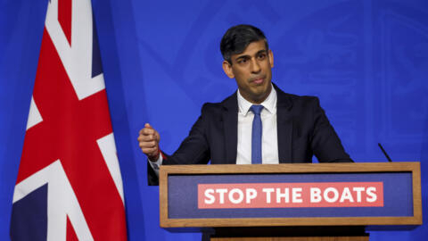 British Prime Minister Rishi Sunak speaks at a press conference at Downing Street, in London, Monday, April 22, 2024.