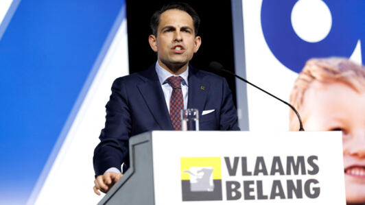 Chairman of Flemish far-right party Vlaams Belang Tom Van Grieken delivers a speech at their program congress in Ghent on March 24, 2024.