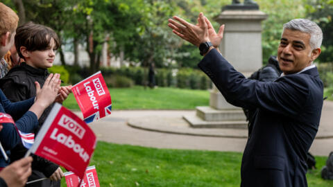 Mayor of London Sadiq Khan reacts during a photo-call with supporters the day before voters go to the polls in the London Mayoral elections in London, Britain on May 1, 2024. 