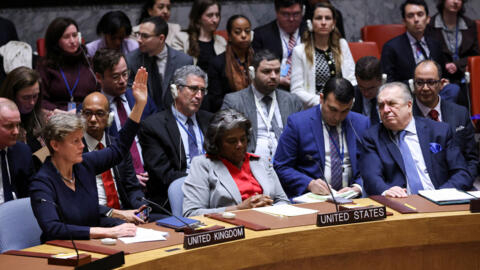 UK Representative to the UN Barbara Woodward votes in favour of a UN Security Council resolution demanding an immediate Gaza ceasefire on March 25, 2024, while US Ambassador to the UN Linda Thomas-Greenfield looks on.