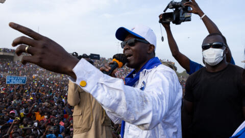 Chad's Prime minister and presidential candidate Succes Masra delivers a speech during a campaign meeting at the stadium in the Dombao district, in Moundou, on April 28, 2024.