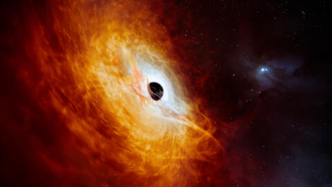 يُظهر هذا العمل الانطباعي الفني الصادر عن المرصد الأوروبي الجنوبي (ESO) في 21 فبراير 2024، النجم الكوازار J059-4351 الذي حطم الأرقام القياسية، وهو النواة الساطعة لمجرة بعيدة تستمد طاقتها من ثقب أسود هائل.