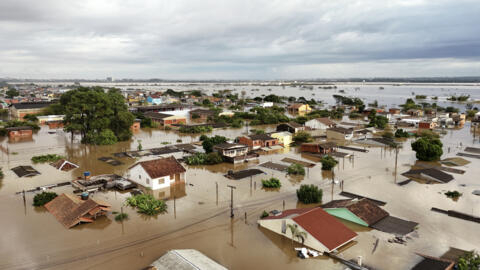 Aerial view of flooded streets in the Navegantes neighbourhood of Porto Alegre, Rio Grande do Sul state, Brazil on May 4, 2024.