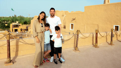 Lionel Messi visits a tourist site in Saudi Arabia with his wife and children on May 1, 2023.