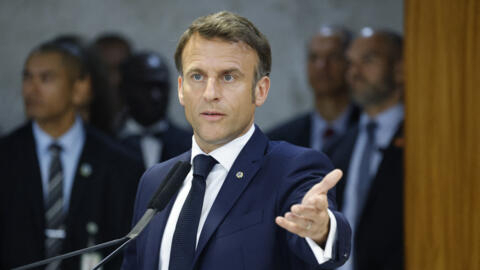 French President Emmanuel Macron speaks during a joint press conference with Brazilian President Luiz Inacio Lula da Silva at the Planalto Palace in Brasilia on March 28, 2024.