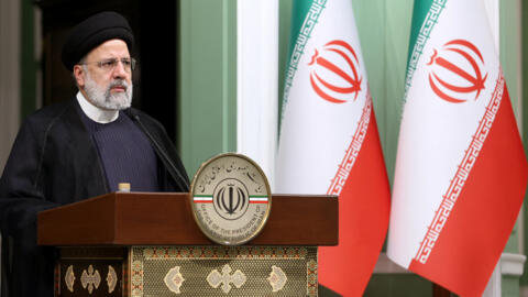 Iranian President Ebrahim Raisi speaks during a joint press conference with Iraq's prime minister in Tehran on November 6, 2023.