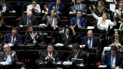 Lawmakers celebrate after approving part of a bill promoted by Argentine President Javier Milei in Buenos Aires, Argentina, April 30, 2024. 