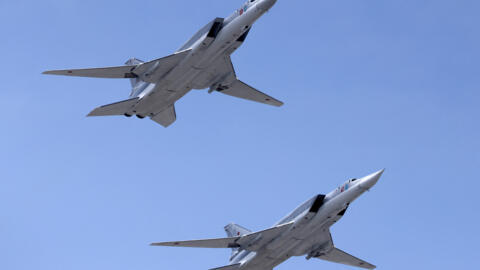 Russian Tu-22M3 bombers fly in formation during a rehearsal for a flypast, part of a military parade marking the anniversary of the victory over Nazi Germany in World War Two, in central Moscow,