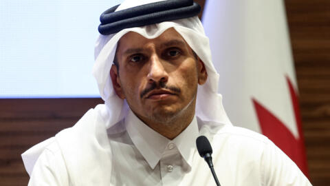 Qatar's Prime Minister and Foreign Minister Sheikh Mohammed bin Abdulrahman al-Thani gives a press conference with his Turkish counterpart in Doha on April 17, 2024.