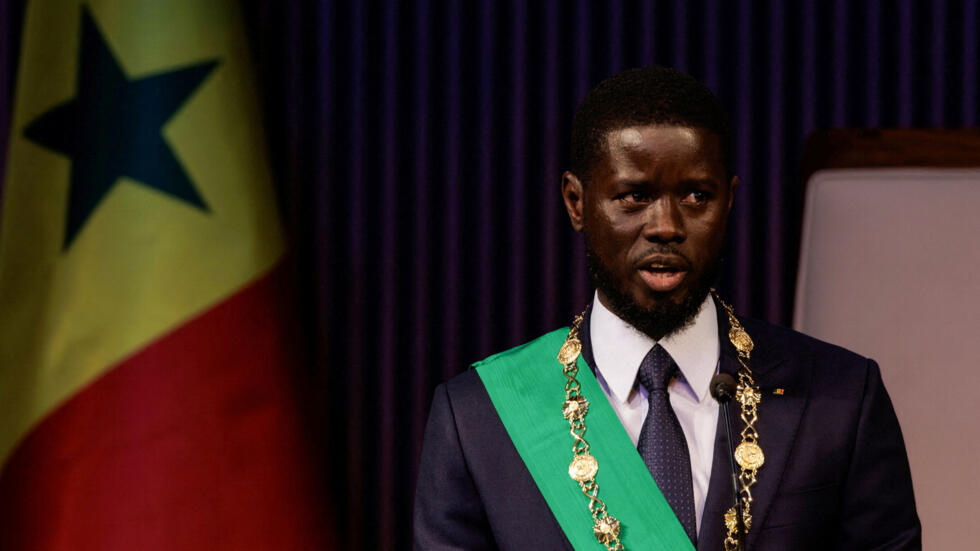 Senegal's newly elected President Bassirou Diomaye Faye addresses the audience after he took the oath of office as president during the inauguration ceremony in Dakar, Senegal on April 2, 2024. 