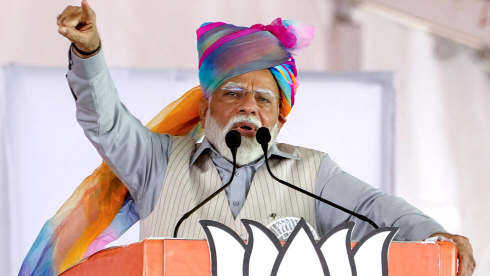 Le Premier ministre indien, Narendra Modi, lors d'un meeting à Pushkar, au Rajasthan, le 6 avril 2024.