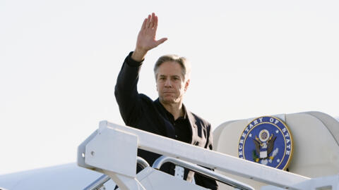 US Secretary of State Antony Blinken boards a plane at Andrews Air Force Base on April 23, 2024 en route to China.