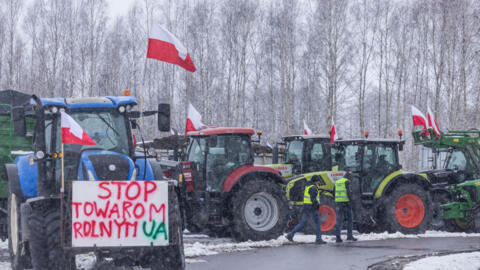 Farmers block the access to the Polish-Ukrainian border crossing in Dorohusk, eastern Poland, on February 9, 2024, during a farmers' protest against EU politics and Ukrainian agricultural products.