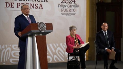 Mexican President Andres Manuel Lopez Obrador speaks during a press conference in Mexico City on April 11, 2024. 