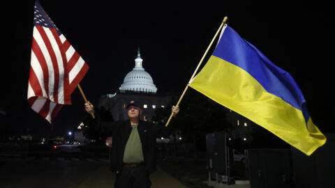 Supporters of Ukraine rally outside the US Capitol after the Senate passed a foreign aid bill on April 23, 2024 in Washington, DC. .