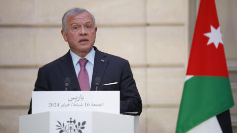 Jordan's King Abdullah II speaks during a joint statement with French President Emmanuel Macron on Friday, February 16, 2024 at the Élysée Palace in Paris.
