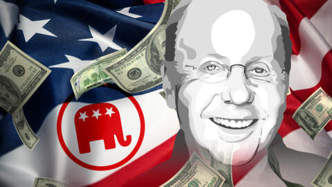 Un dessin représentant le milliardaire Jeff Yass sur fond d'une pluie de dollars et du logo du parti républicain américaiN