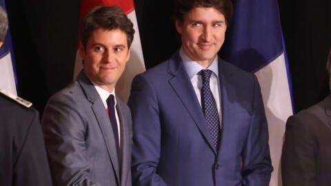 French Prime Minister Gabriel Attal (L) and Canadian Prime Minister Justin Trudeau speak at a press conference at the Sir John A. Macdonald building in Ottawa, Canada on April 11, 2024.
