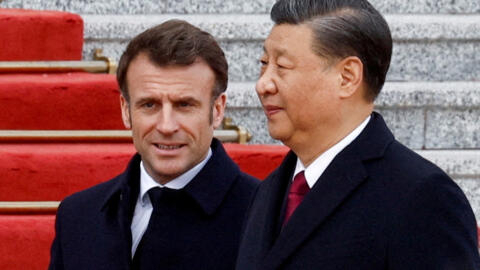 Chinese President Xi Jinping welcomes French President Emmanuel Macron at the Great Hall of the People, in Beijing, China, April 6, 2023.