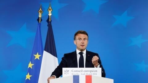 President Emmanuel Macron, responds to the press at the end of the European Council summit, in Brussels, on April 18, 2024.
