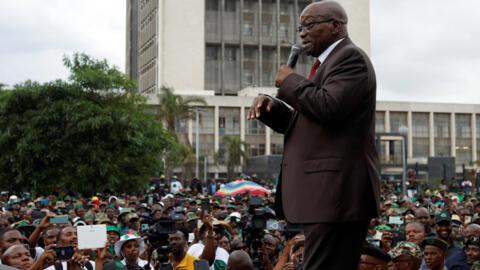 Former South African President Jacob Zuma speaks to supporters of the uMkhonto weSizwe Party outside the High Court in Durban, South Africa, March 27, 2024.