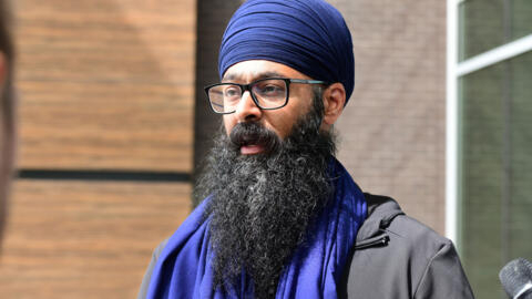 Moninder Singh, of the British Columbia Gurdwaras Council, speaks to the media at Royal Canadian Mounted Police (RCMP)  Headquarters in Surrey, Canada, May 3, 2024