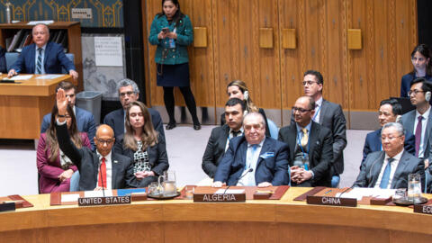 US Deputy Ambassador to the United Nations Robert Wood votes against members of the Security Council allowing Palestinian UN membership during a Security Council at UN headquarters in New York City, New York, US, April 18, 2024.