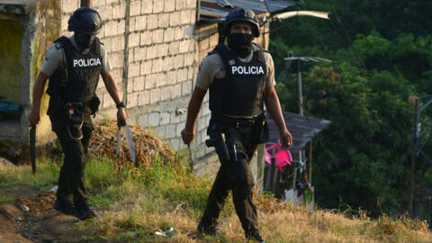 Las fuerzas policiales ecuatorianas llevan cuchillos incautados durante una operación de seguridad como parte de la lucha contra las bandas extorsionadoras en un barrio marginal del noreste de Guayaquil,