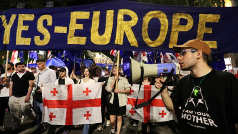 People take part in a protest against a bill on "foreign agents" in Tbilisi, Georgia April 28, 2024.