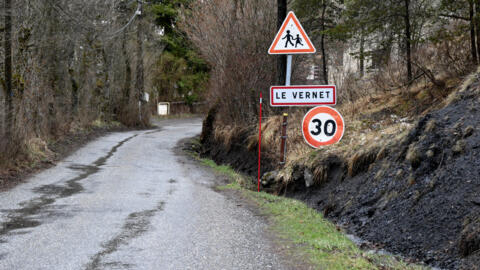 This photograph taken on March 27, 2024 shows an entrance to the French Alps village of Le Vernet, near the Haut-Vernet where a two-year-old toddler named Emile went missing.