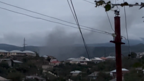 Screenshot of a video showing a column of smoke above the outskirts of Stepanakert on 19 September 2023.