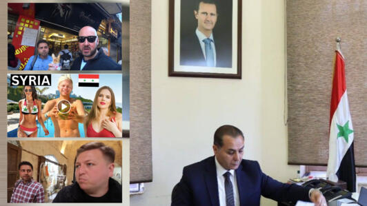 يلجأ المؤثرون السياحيون الغربيون الذين يأتون إلى سوريا (على اليسار) لخدمات المرشدين السياحيين المرخصين من قبل، أو حتى المقربين من حكومة بشار الأسد (على اليمين، غياث الفرّاح، نائب وزير السياحة). تمكن مراقبو فرانس24 من التعرف على العديد من المرشدين السياحيين المرافقين لهم.