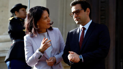 France's Minister for Foreign and European Affairs Stephane Séjourné and German Foreign Minister Annalena Baerbock prior to an international conference on Sudan at the Quai d'Orsay in Paris on 15 April  2024.