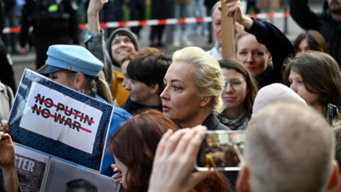 Yulia Navalnaya, widow of the late Kremlin opposition leader Alexei Navalny, at a rally next to the Russian embassy in Berlin, where voters lined up to cast their ballots in the Russia's presidential election on 17 March  2024.